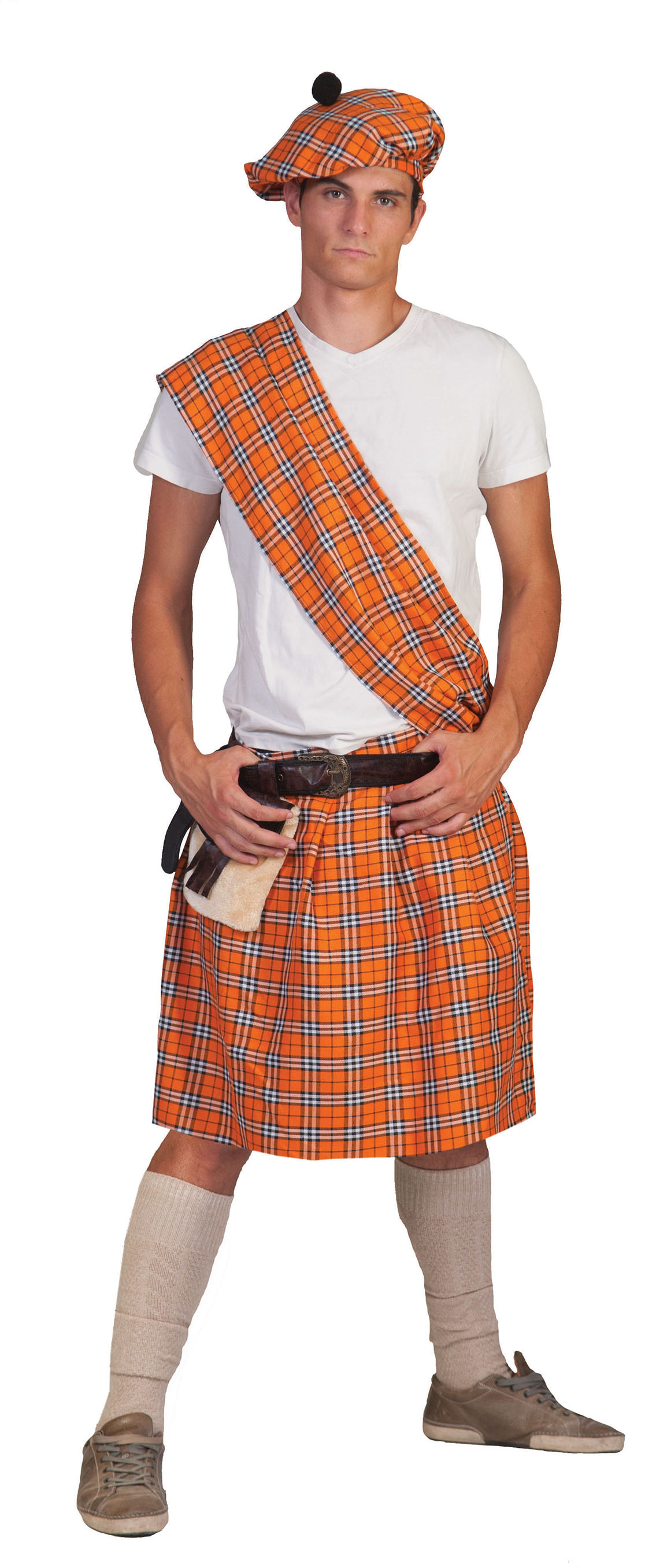 Oranje Schotse Highlander Tartan Man Kostuum