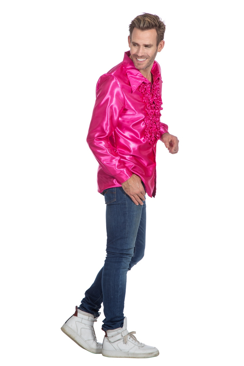 Roze Ruchesblouse Satijn Foute Disco