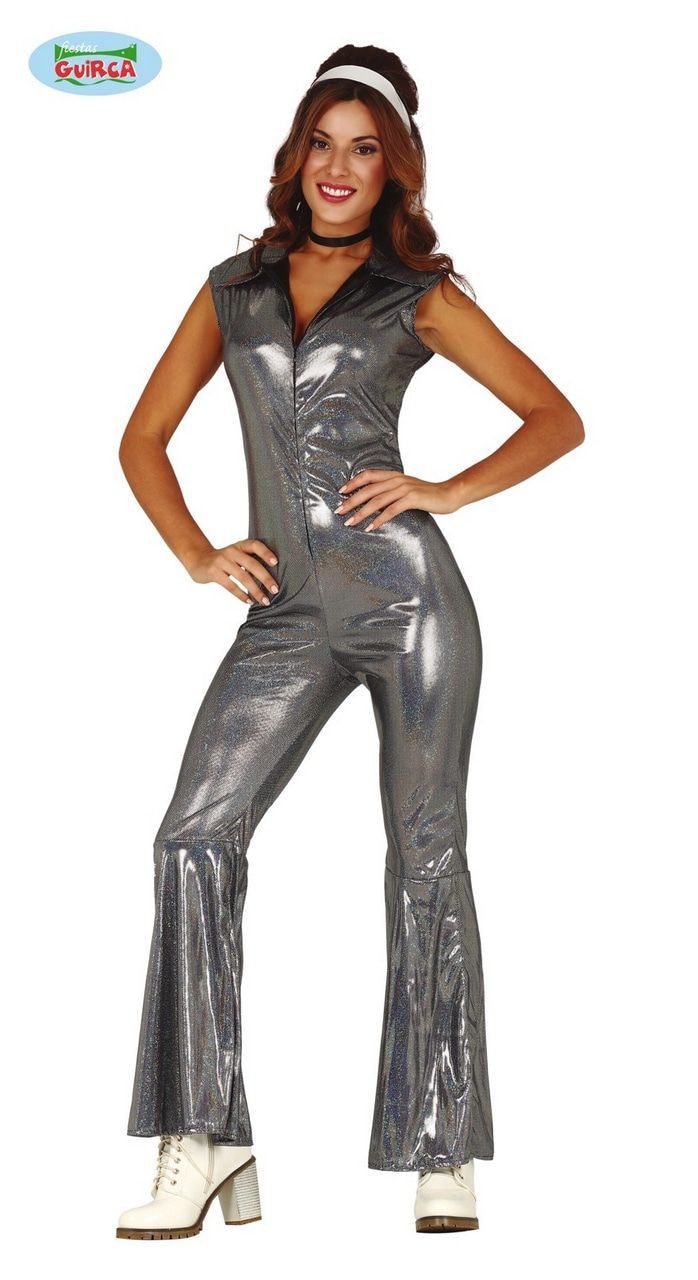 Zilveren Disco Dancing Jumpsuit Vrouw Kostuum