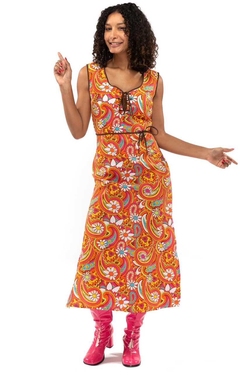 Oranje Lang Jaren 70 En 60 Hippie Bloemen Soul Disco Pretty Paisley Vrouw Kostuum