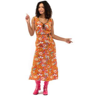 Oranje Lang Jaren 70 En 60 Hippie Bloemen Soul Disco Pretty Paisley Vrouw Kostuum