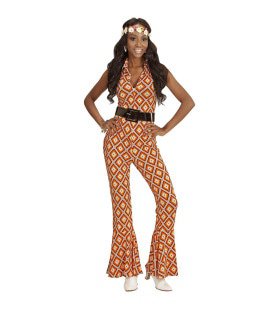 Oranje Hippie Groovy Geralda 70s Dames Jumpsuit, Ruit Vrouw Kostuum