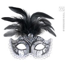 Oogmasker, Zwart / Zilver Glitter Met Diamant En Veren