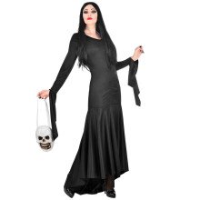 Lang Zwart Fladderend Morticia Addams Family Vrouw Kostuum